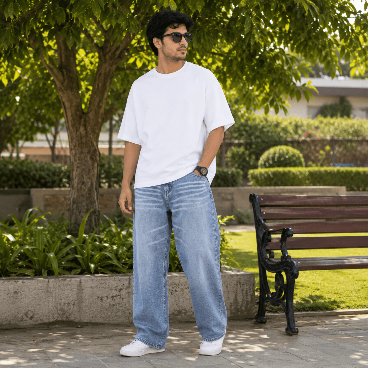 Denim Breeze Faded Blue Soft Baggy Jeans - front view