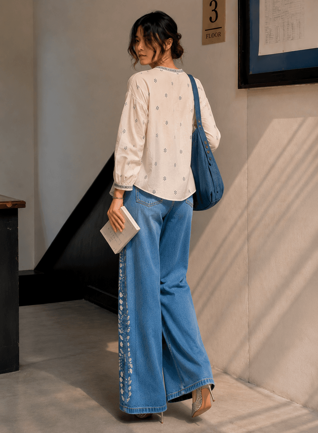 Indigo Ornate Blue Embroidered High Waist Wide Leg Jeans - side view