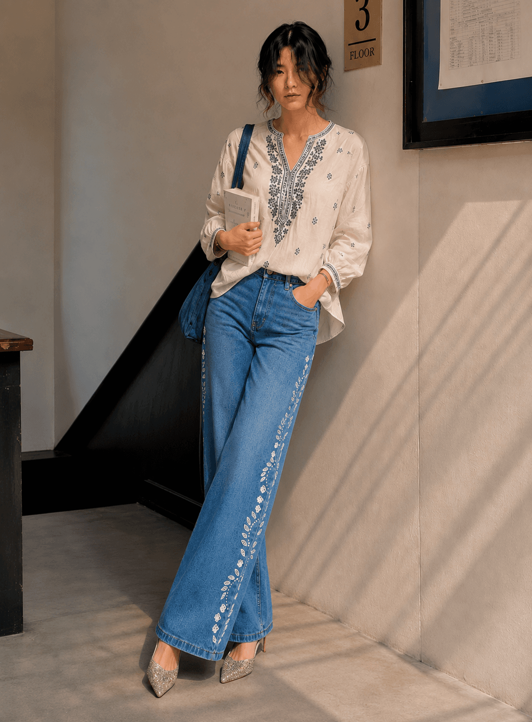 Indigo Ornate Blue Embroidered High Waist Wide Leg Jeans - fabric detail