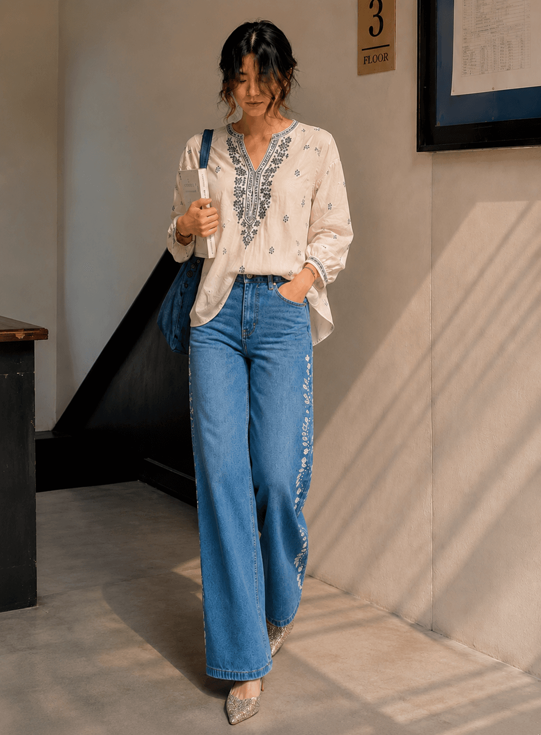 Indigo Ornate Blue Embroidered High Waist Wide Leg Jeans - back view