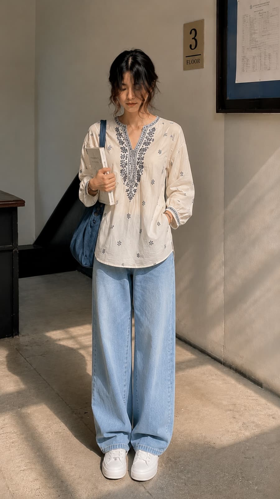 Meadow Floral Embroidered High Waist Wide Leg Jeans - fabric detail