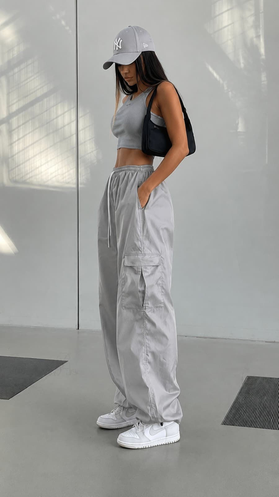 Slate Light Grey High Waist Utility Cargo Pants - front view