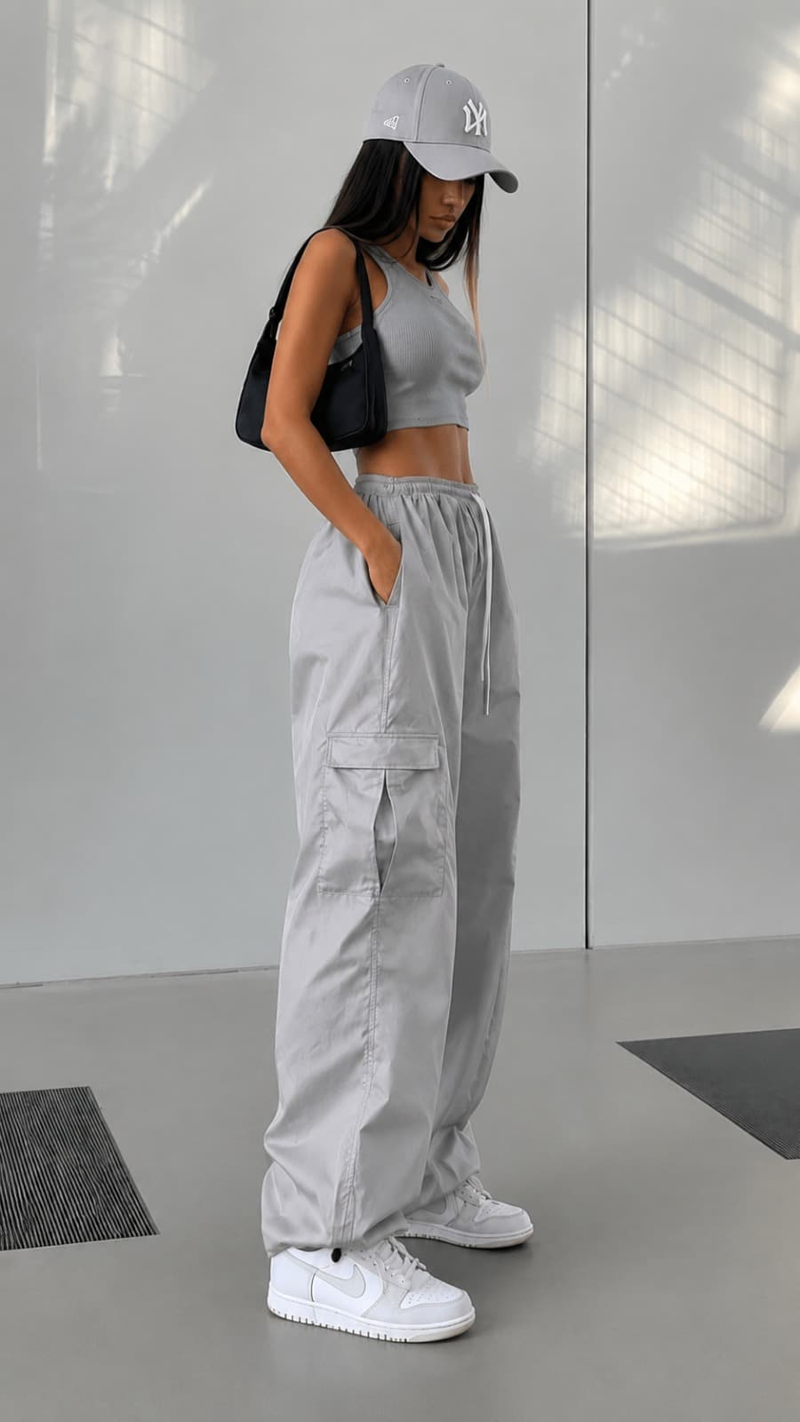 Slate Light Grey High Waist Utility Cargo Pants - fabric detail