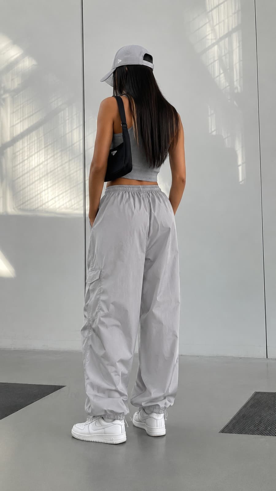 Slate Light Grey High Waist Utility Cargo Pants - back view