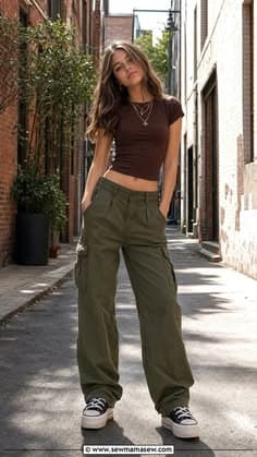 Forest Olive Green High Waist Relaxed Cargo Pants - front view