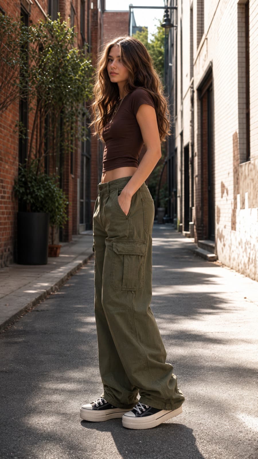 Forest Olive Green High Waist Relaxed Cargo Pants - side view