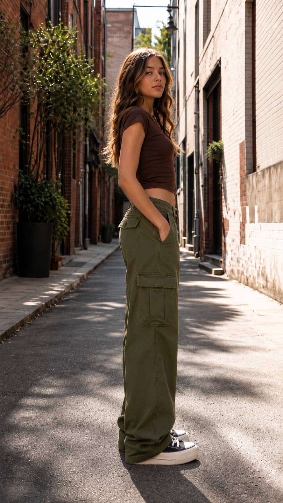 Forest Olive Green High Waist Relaxed Cargo Pants - back view