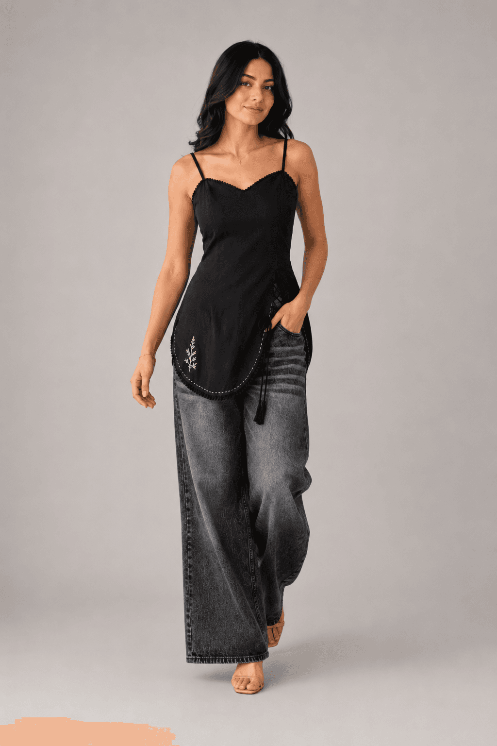 Charcoal Noir Grey High Waist Wide Leg Jeans - fabric detail