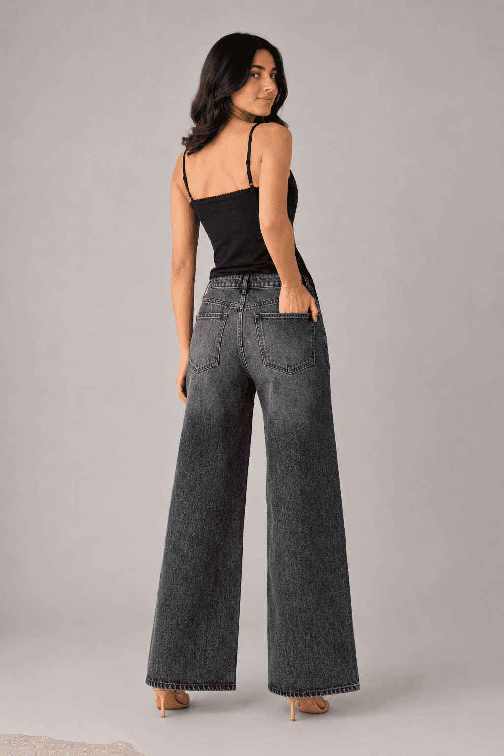 Charcoal Noir Grey High Waist Wide Leg Jeans - back view