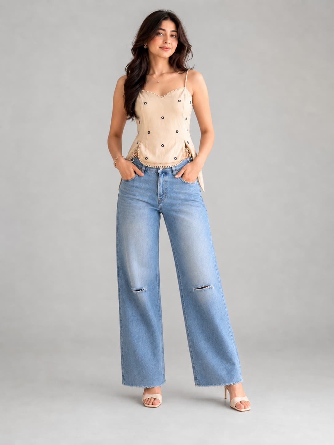 Ice Rip Blue High Waist Distressed Wide Leg Jeans - back view
