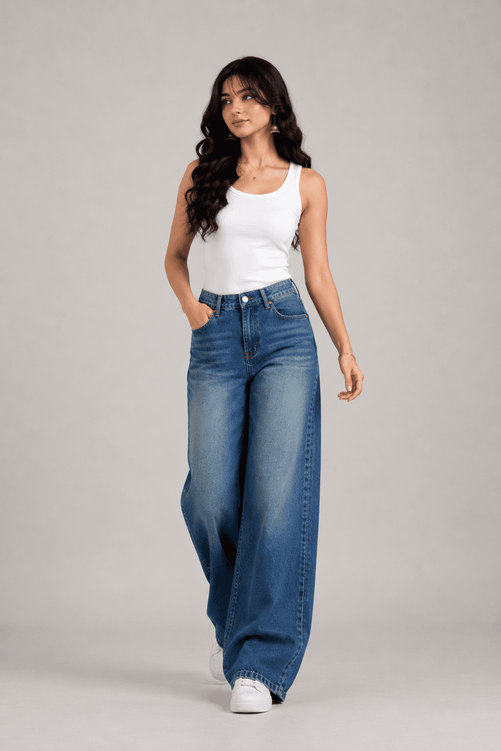 Ocean Flow Blue High Waist Baggy Wide Leg Jeans - side view
