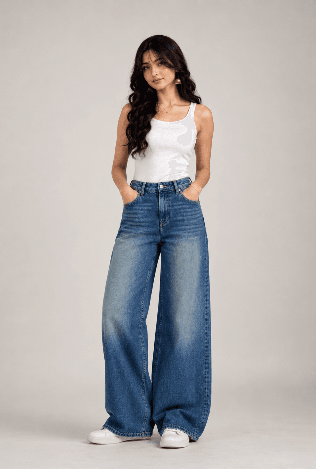 Ocean Flow Blue High Waist Baggy Wide Leg Jeans - fabric detail