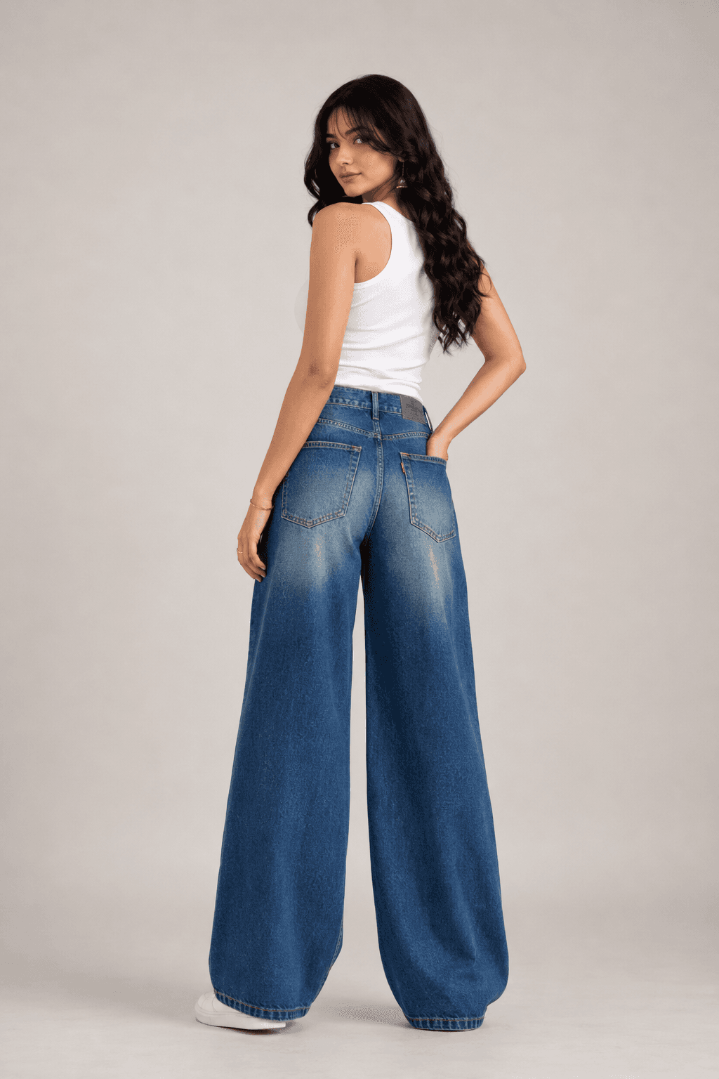 Ocean Flow Blue High Waist Baggy Wide Leg Jeans - back view