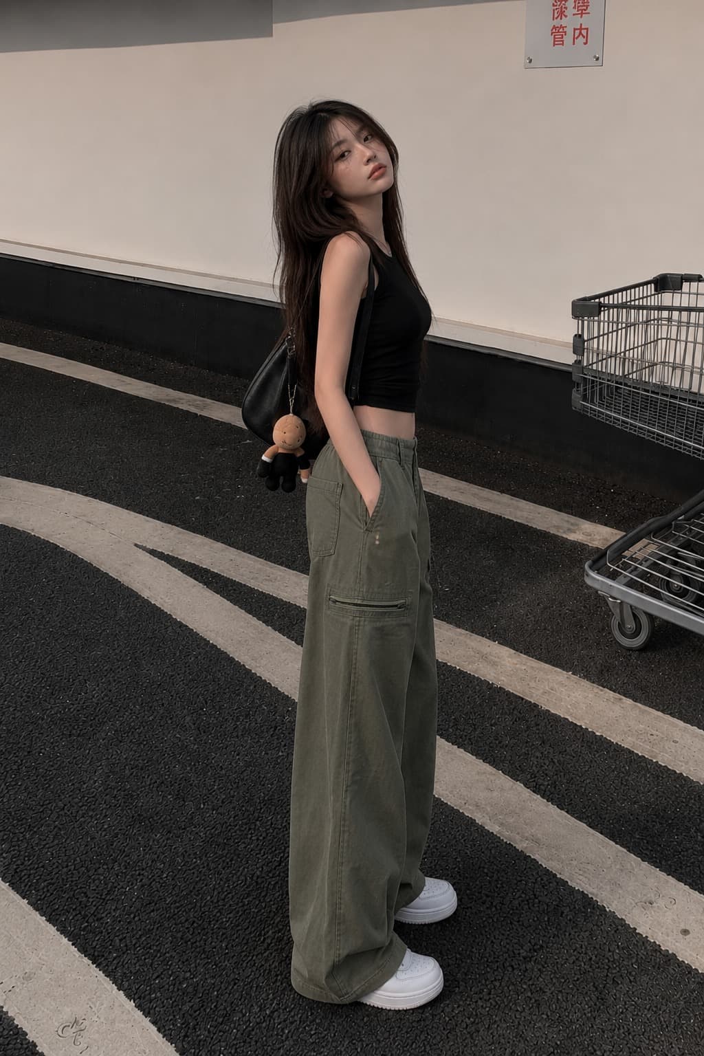 Olive Terrain Green High Waist Cargo Wide Leg Jeans - fabric detail