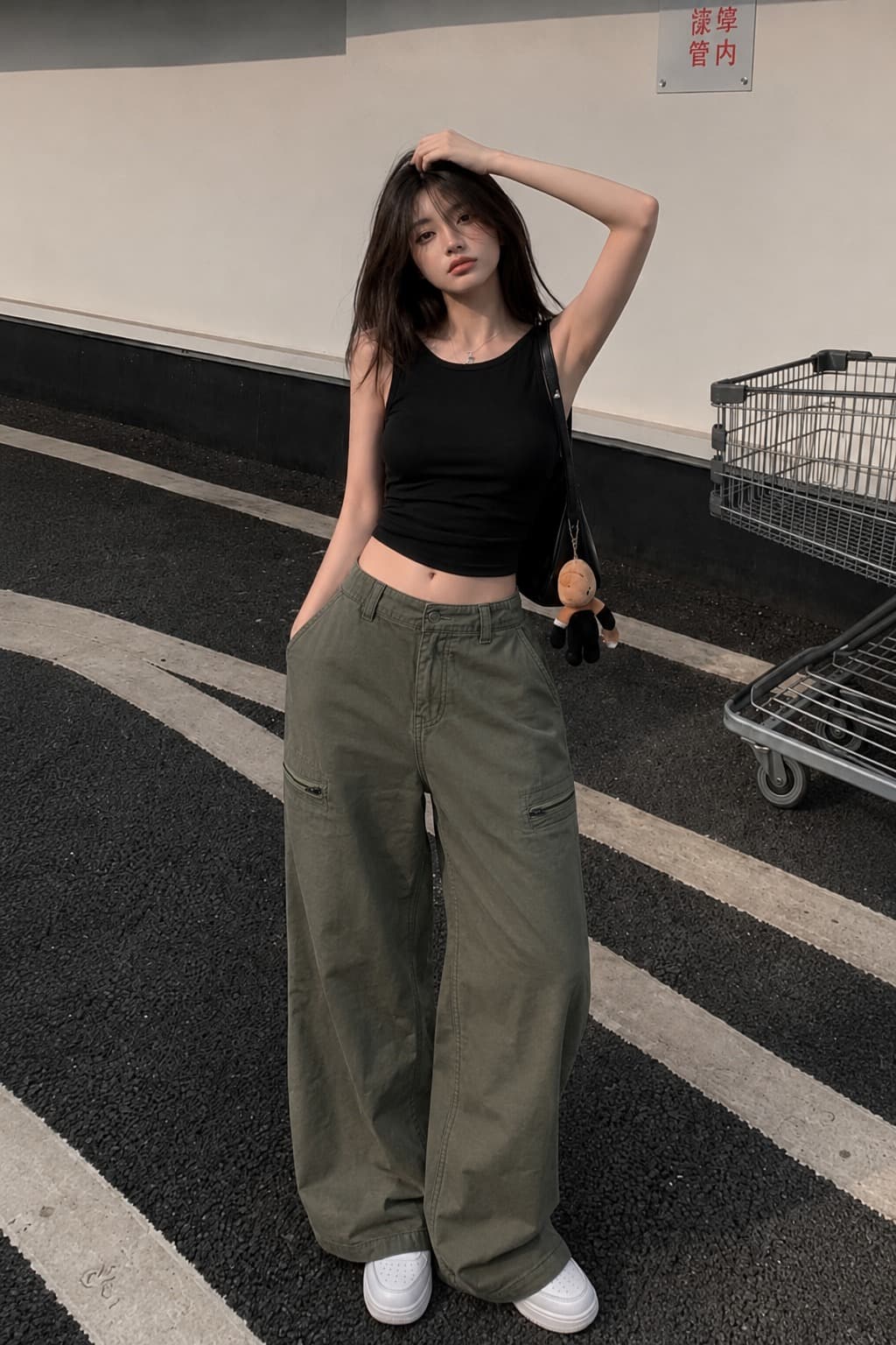 Olive Terrain Green High Waist Cargo Wide Leg Jeans - back view