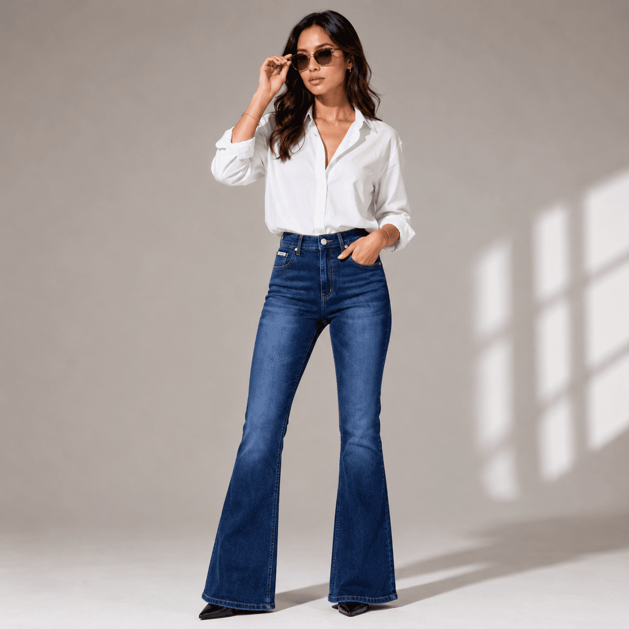 Classic Indigo Blue High Waist Bootcut Jeans - front view