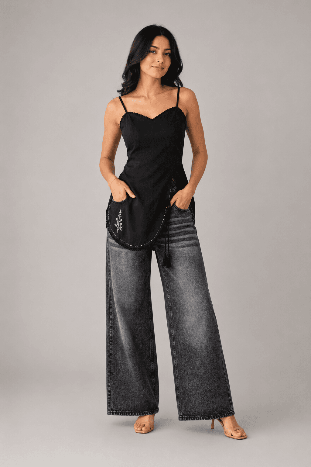 Charcoal Noir Grey High Waist Wide Leg Jeans - front view