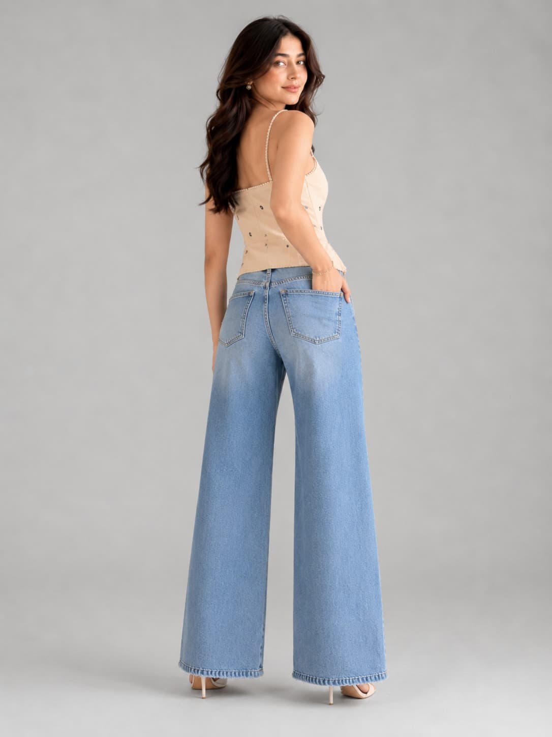 Ice Rip Blue High Waist Distressed Wide Leg Jeans - fabric detail
