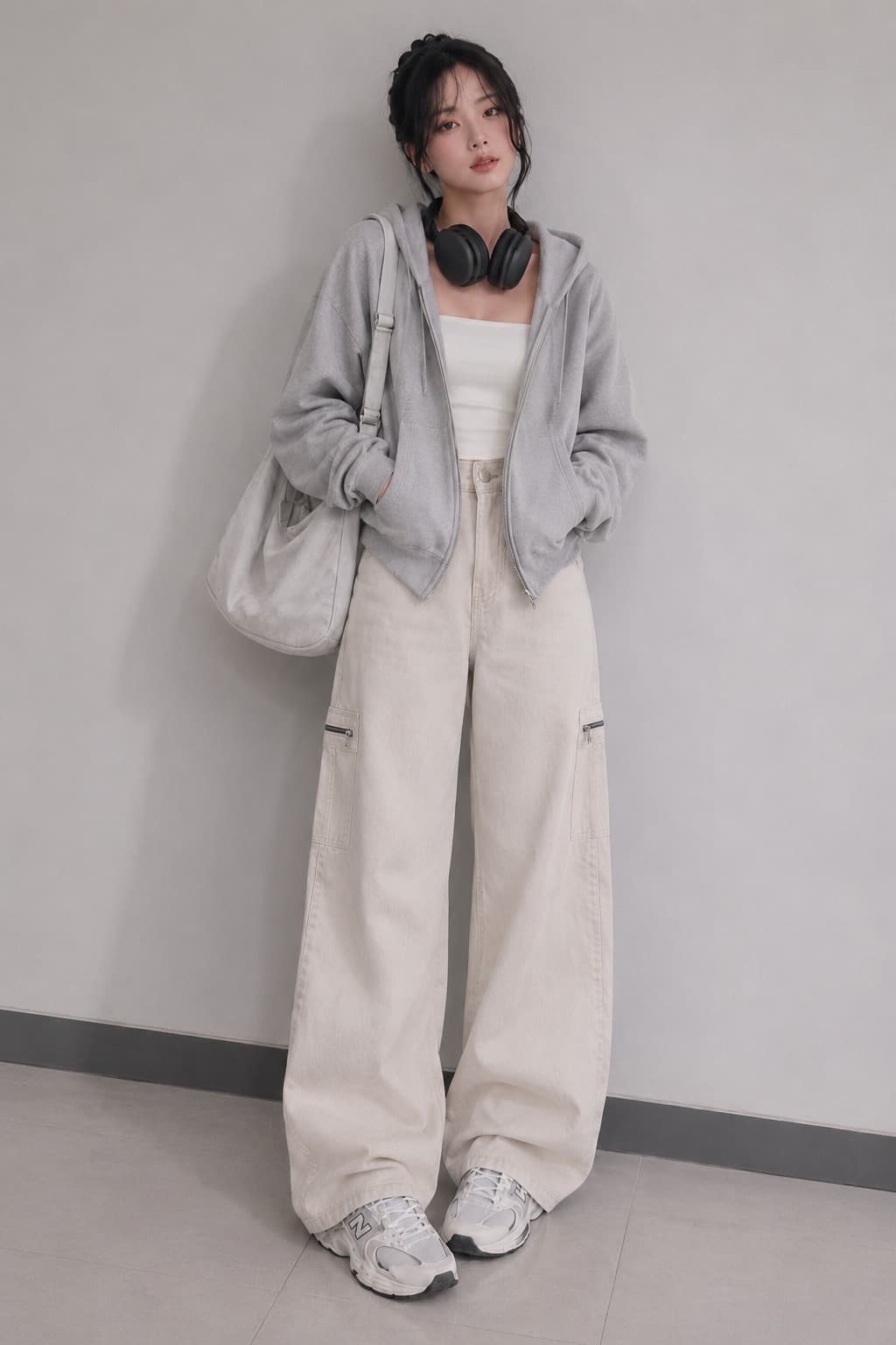 Ivory Utility High Waist Cargo Wide Leg Jeans - side view