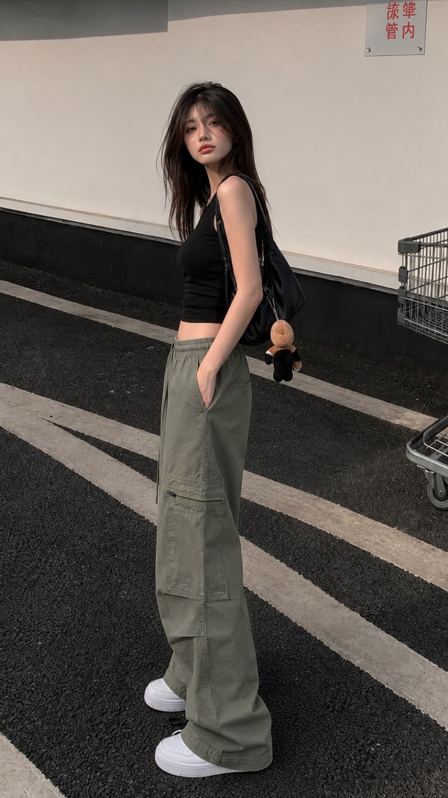 Olive Terrain Green High Waist Cargo Wide Leg Jeans - front view